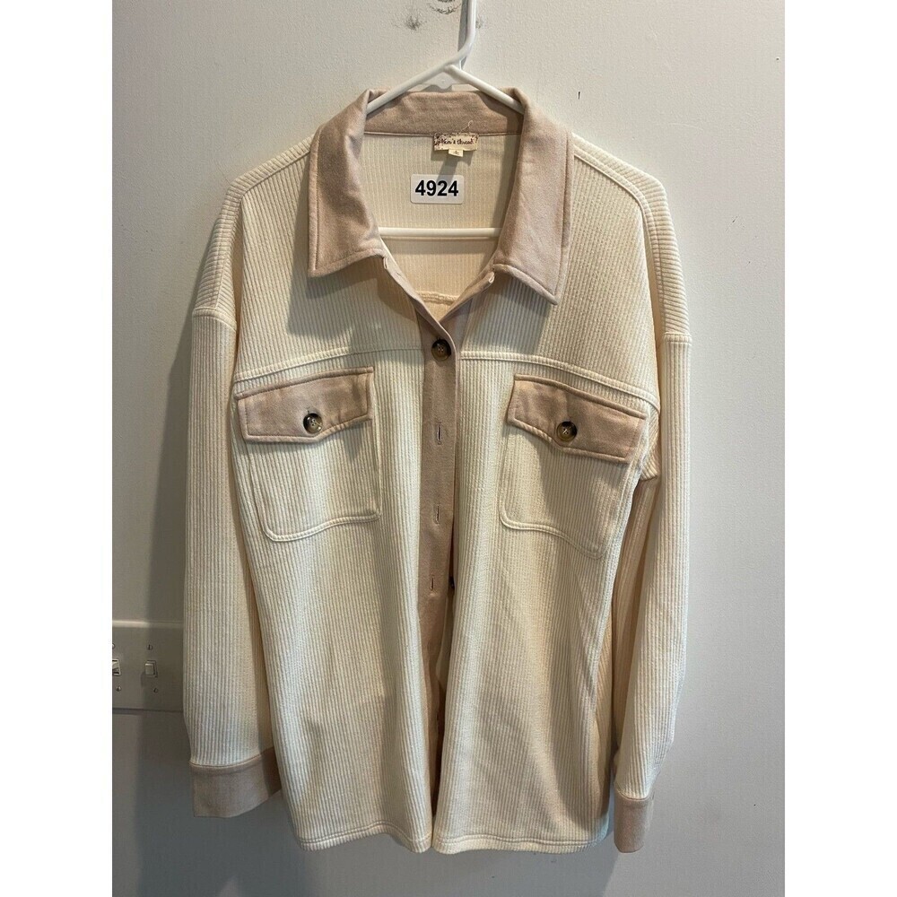 Hem & Thread Large Cream Ribbed Button Down Shacket Womens Long Sleeve Boho - Picture 12 of 15
